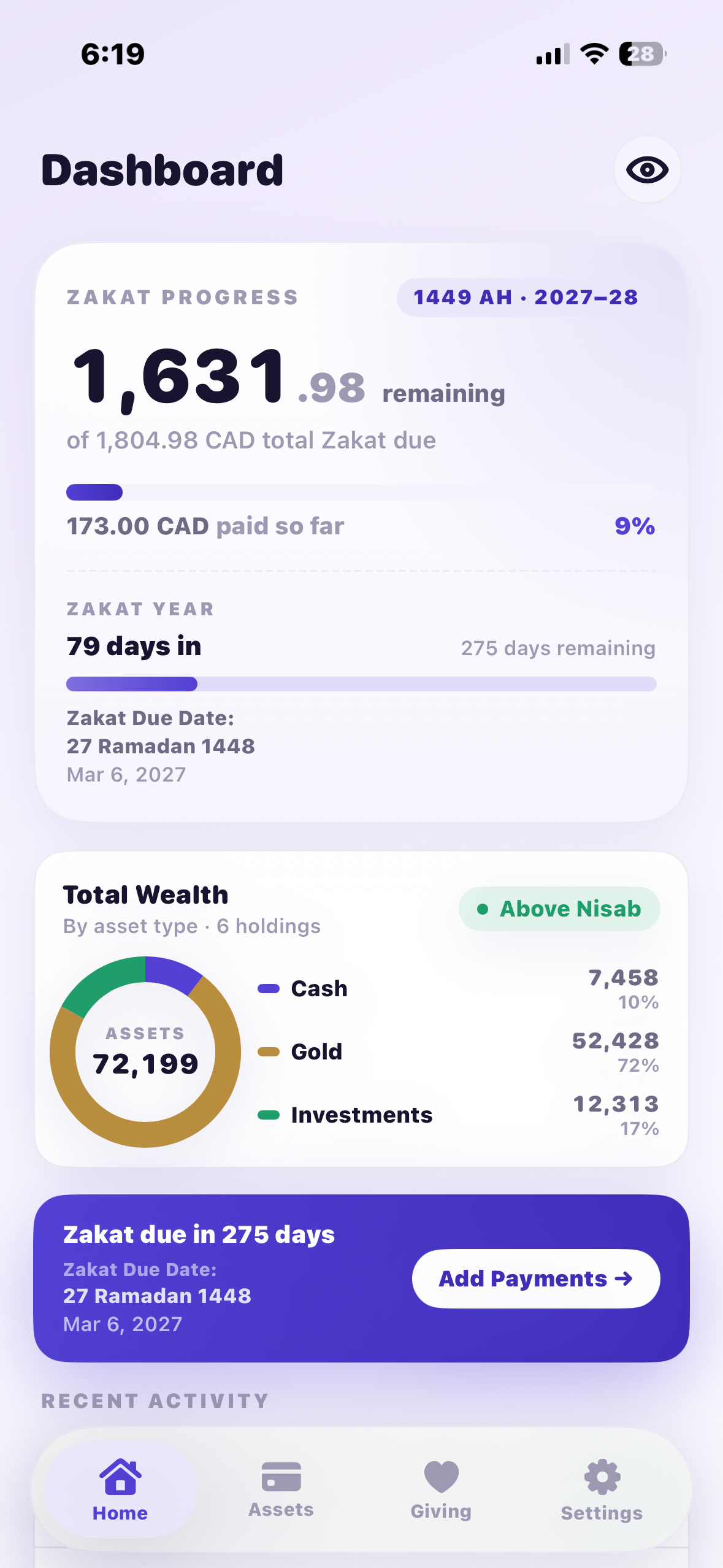 Give 2.5 Dashboard showing Zakat progress and due date